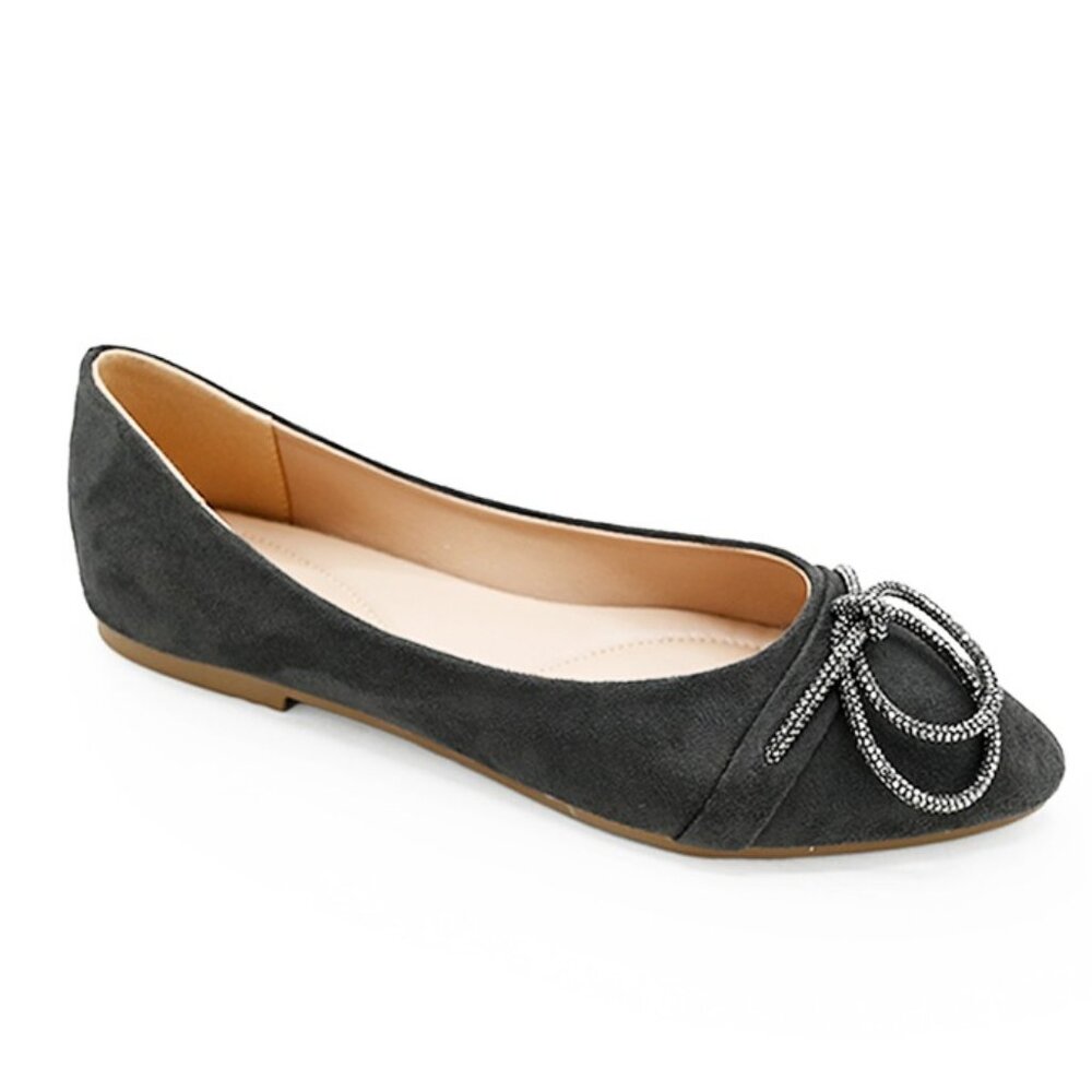 Women’s Dark Grey Suede Ballerina Flats – Rhinestone Bow Detail Elegant Slip On
